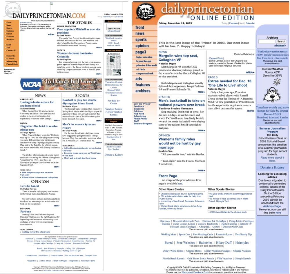 A side-by-side comparison of the 127th and 128th editions of The Daily Princetonian online edition. A white and blue website with an orange navigation key compared to an orange, white, and blue website with an orange banner and navigation key. 