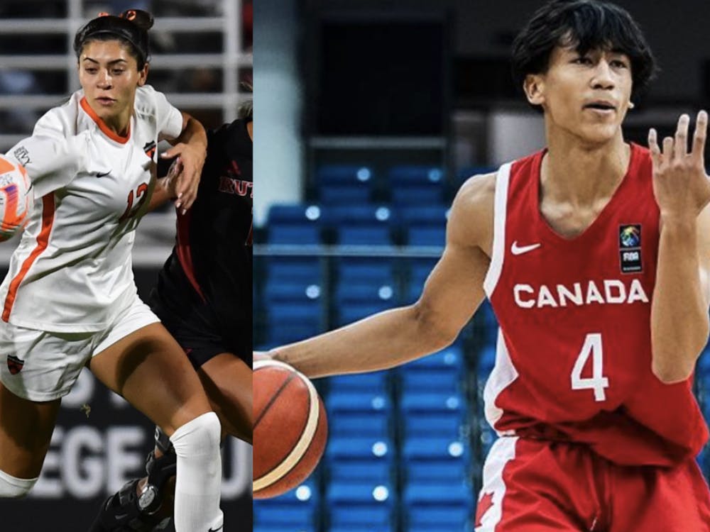 On the left, a photo of a woman running, her eyes focused on a soccer ball. On the right, a photo of a man dribbling a basketball in a Canada jersey.