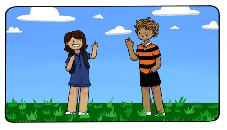 Two Princeton students wave to one another.