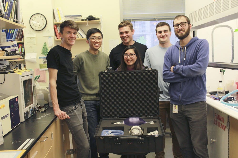 Bioengineers without borders team David Peeler, Timmy Lee, Philip Walczak, Conner Pitts, Eric Swanson, and Gabrielle Pang (center).