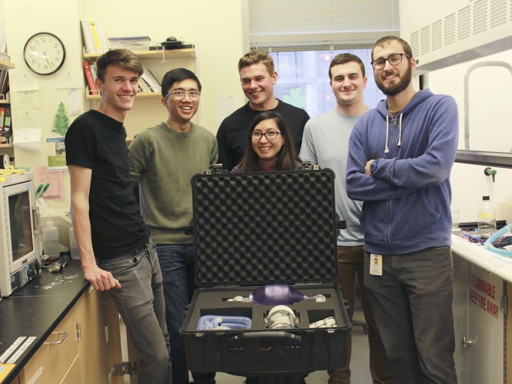 Bioengineers without borders team David Peeler, Timmy Lee, Philip Walczak, Conner Pitts, Eric Swanson, and Gabrielle Pang (center).