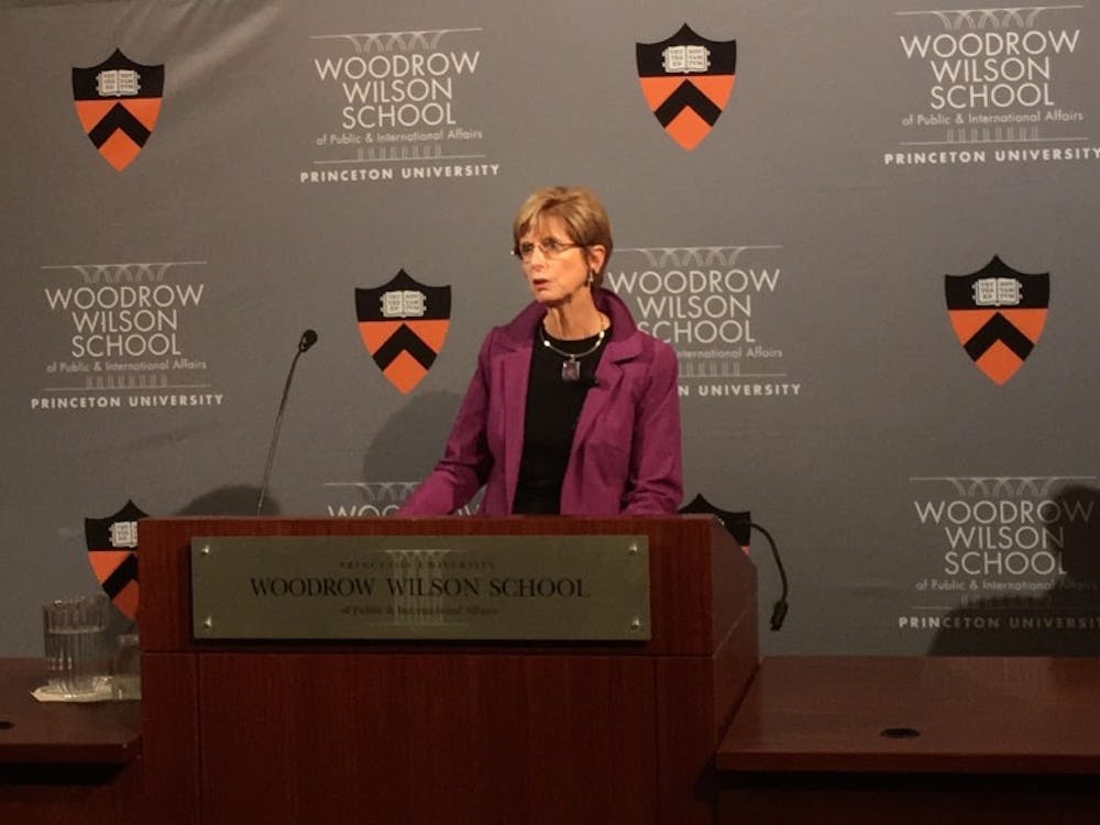 Former New Jersey Governor Christine Todd Whitman speaking in Robertson Hall on Monday, Dec. 3.