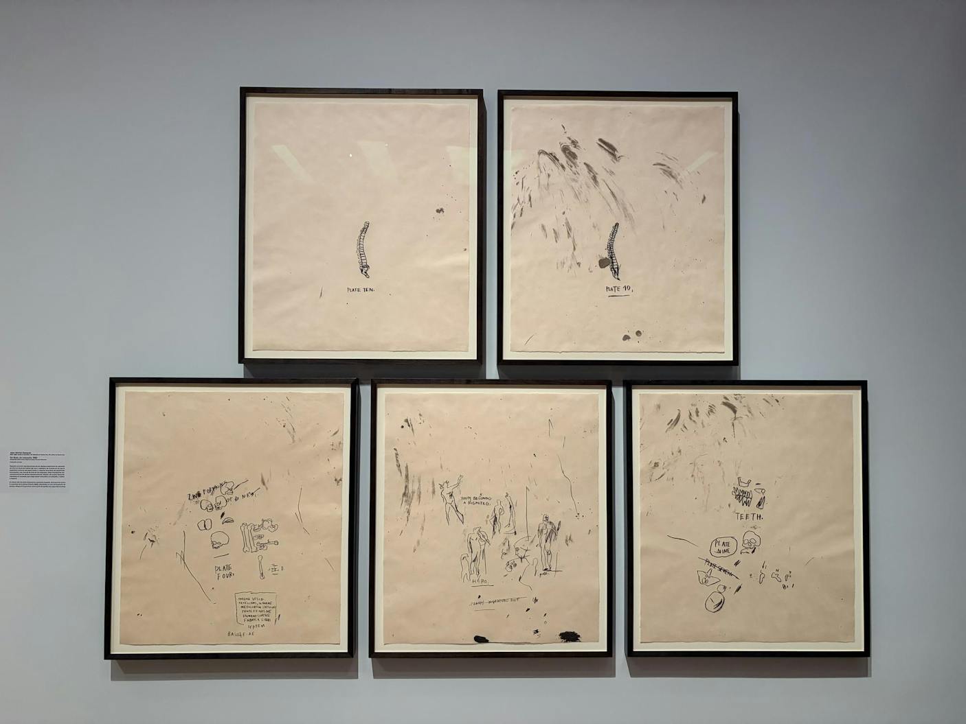 Five sketches with sketches, scribbles, and symbols are framed in black frames against a white wall. 