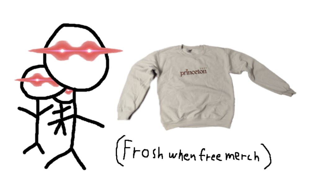 Three stick figures drawn in black with bright red eyes next to a tan sweatshirt above the words “Frosh when free merch.”