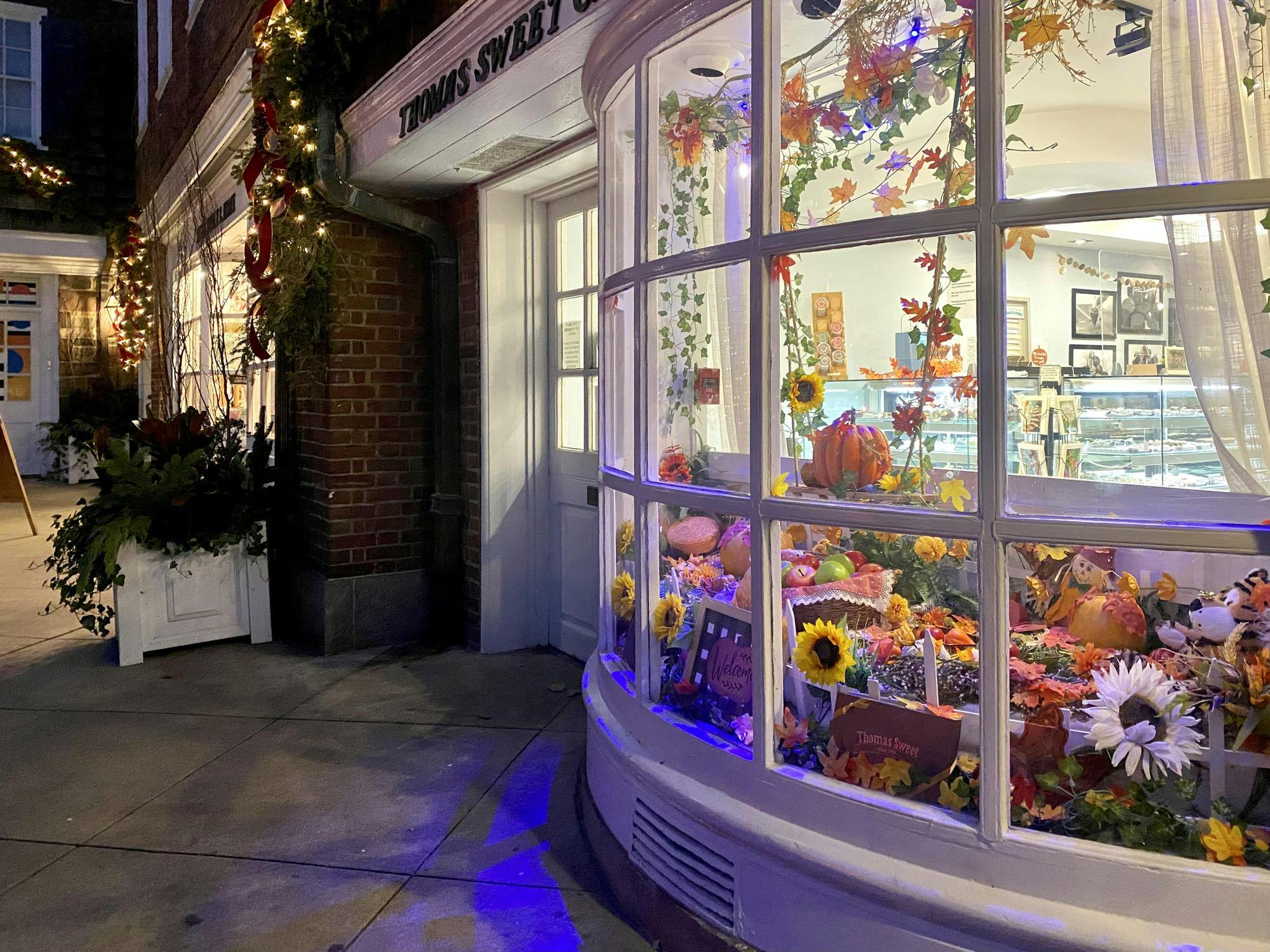 Storefront in darkly lit streetway with bright decorations including flowers and pumpkins