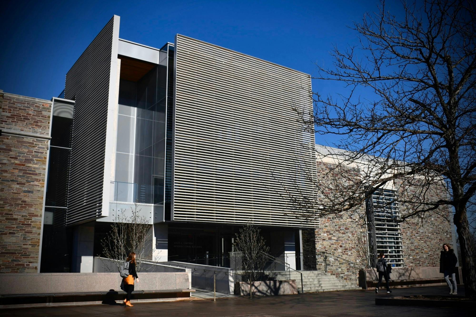 A large gray metallic building stands behind the silhouette of a leafless tree.
