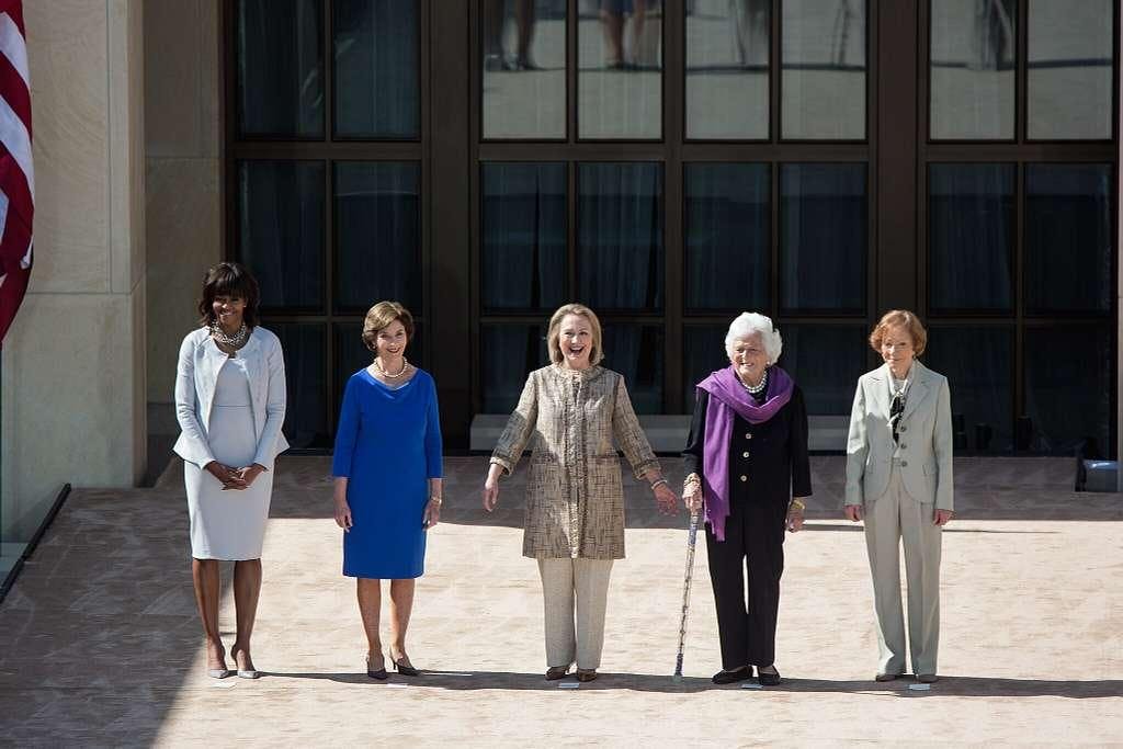Five First Ladies of the United States. From left to right: Michelle Obama, Laura Bush, Hillary Clinton, Barbara Bush, and Rosalynn Carter.