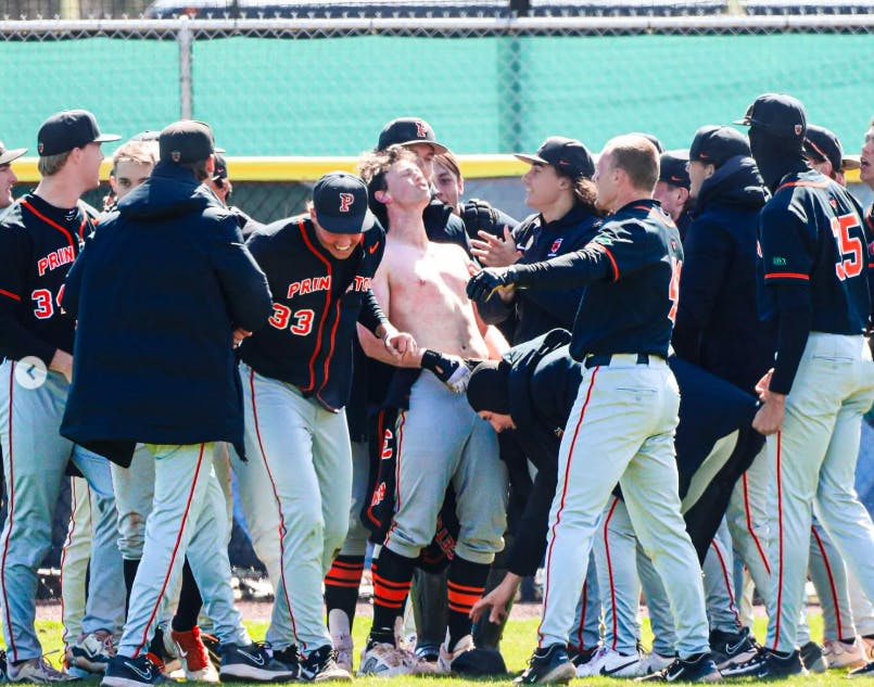 Photo of Princeton baseball celebrating after win.
