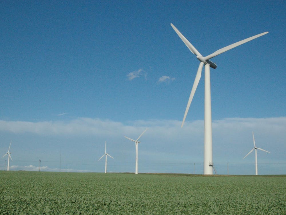 Wind turbines in a field.