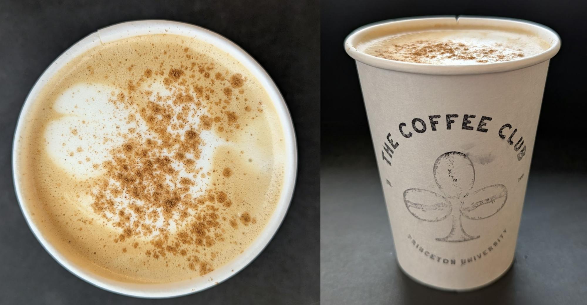 A beige hot latte drink with white foam is in a white cup with a black coffee club logo.