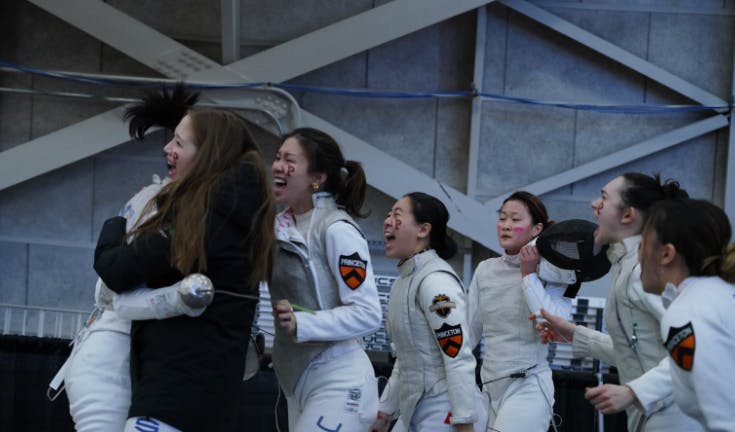 Princeton women's fencing celebrating.