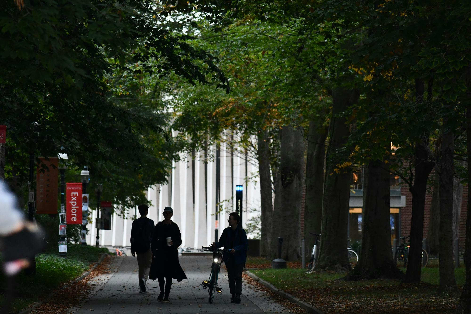 Three people are walking down a path with trees and a building behind them. 