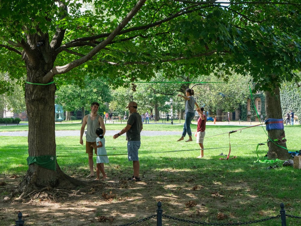 A slackline is suspended between two trees on the edge of Cannon Green on a sunny day. A woman is walking across the slackline, and other people are laughing and talking in the area. 