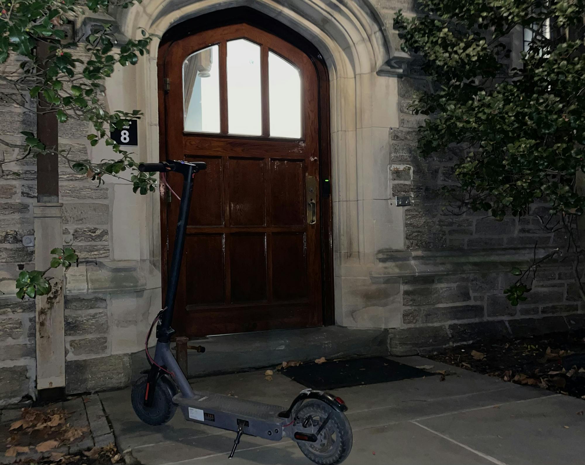scooter outside a brown door with leaves around it.