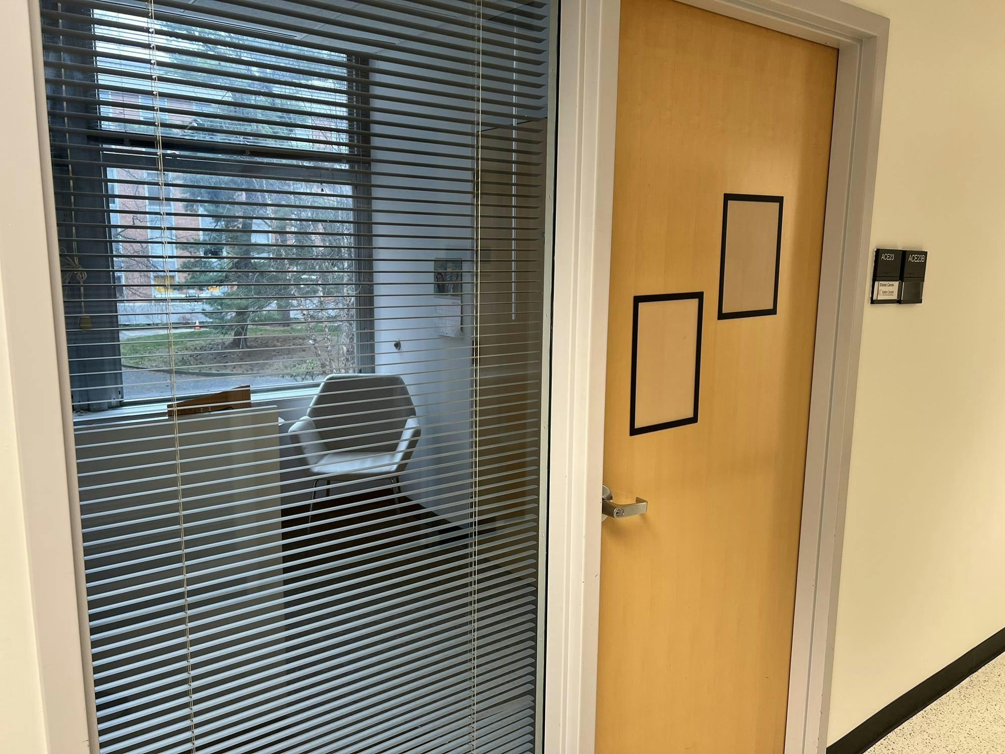 An empty office, with blinds half-shuttered and a closed door.