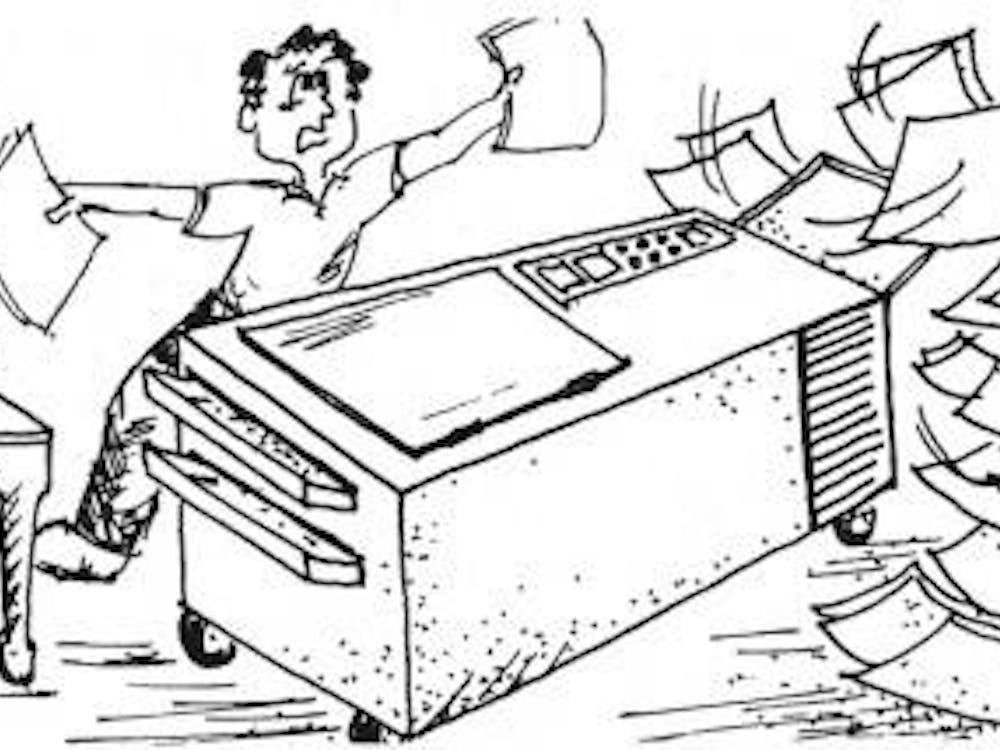 Black and white cartoon of a man struggling to contain papers flying around a photocopier.