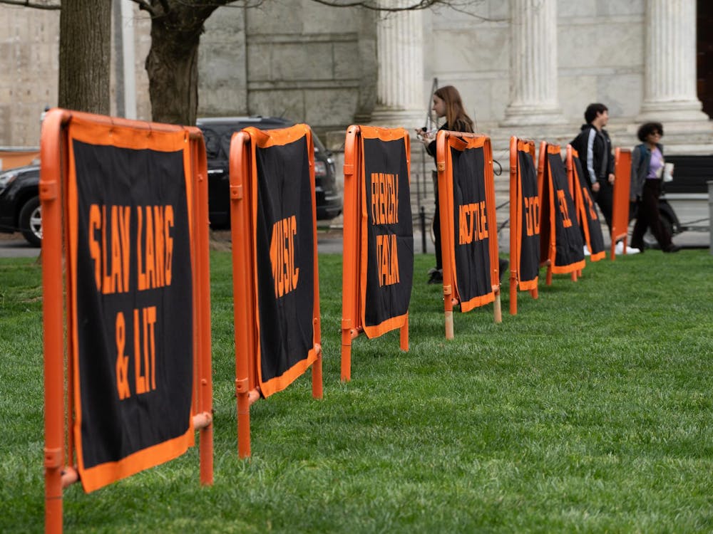 A row of orange and black banners on a green lawn.