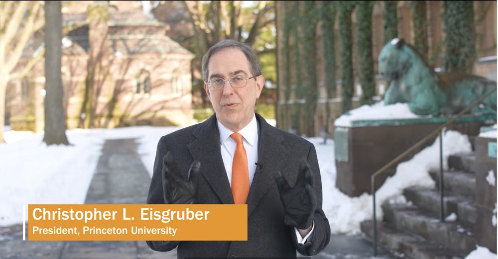 <h5>University President Christopher Eisgruber in video introduction to "State of the University" address</h5>
<h6>Courtesy of Madeleine LeBeau / The Daily Princetonian</h6>