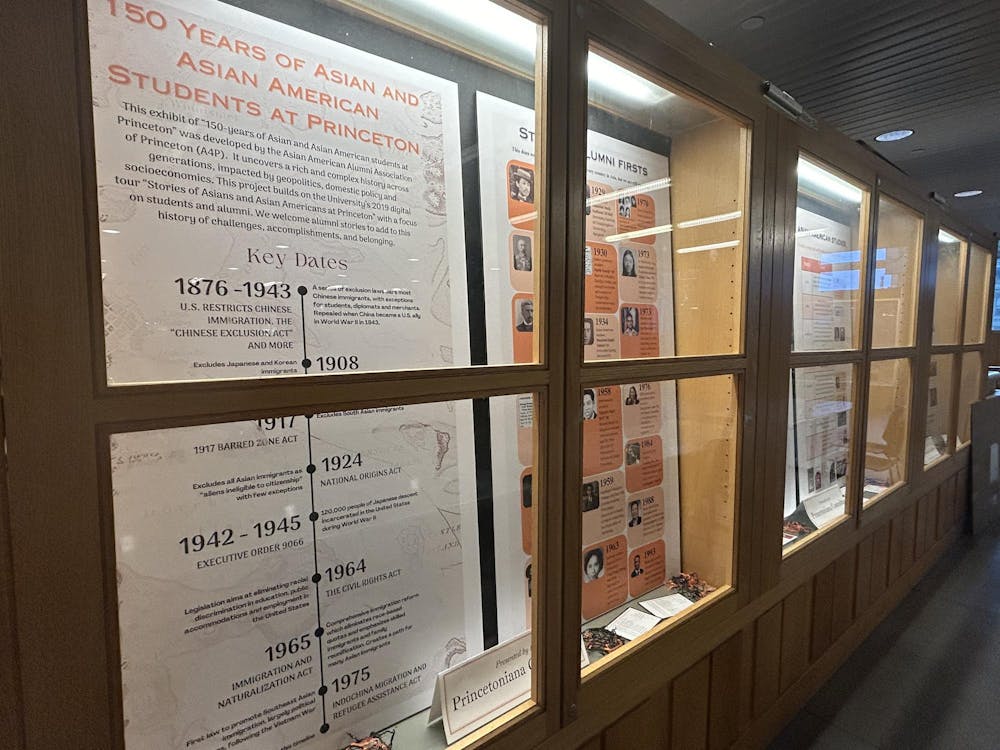 A display cabinet with an exhibit on Asian and Asian American history at Princeton.