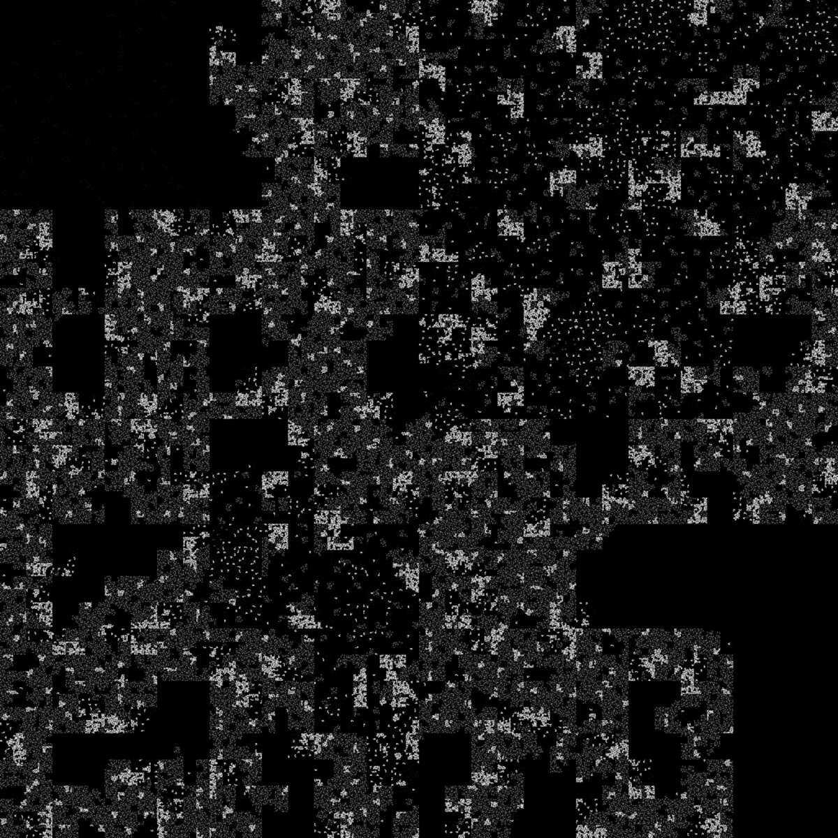 A mostly black image with portions of lighter shades of white and grey scattered throughout the image in various patters.