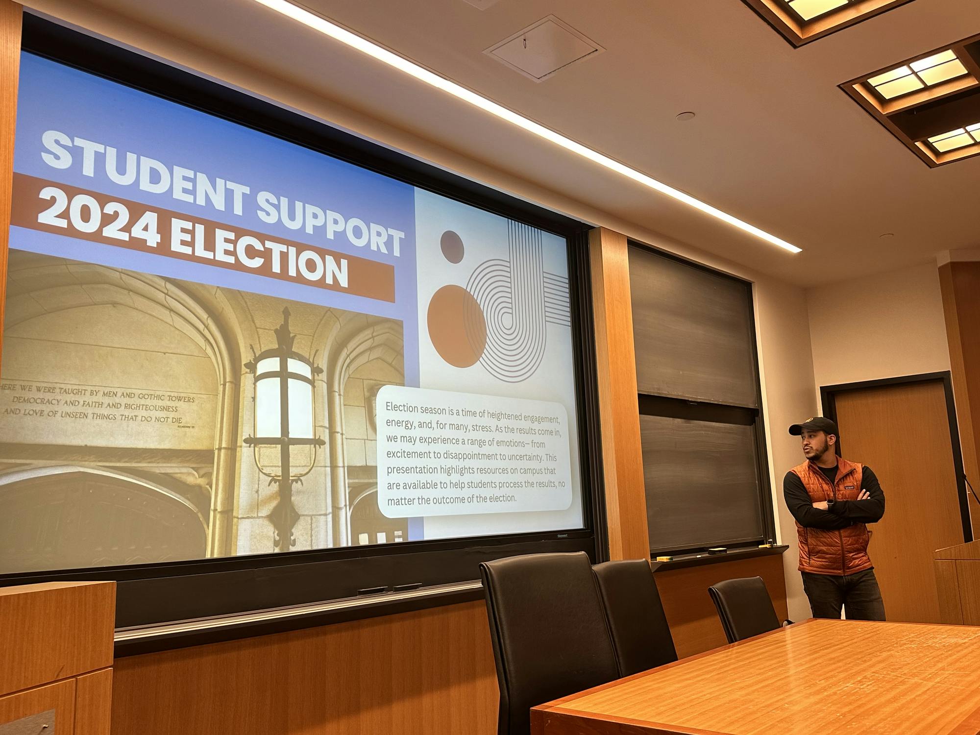 Dean Ian Deas stands to the right of a presentation titled "Student Support 2024 Election"