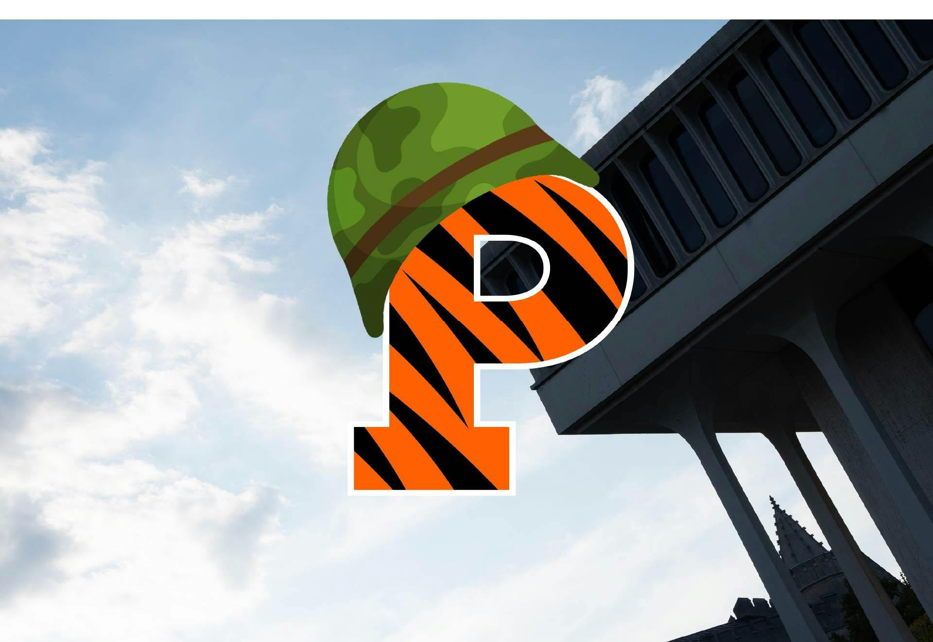 The Princeton logo with a military hat with Robertson hall in the background. 