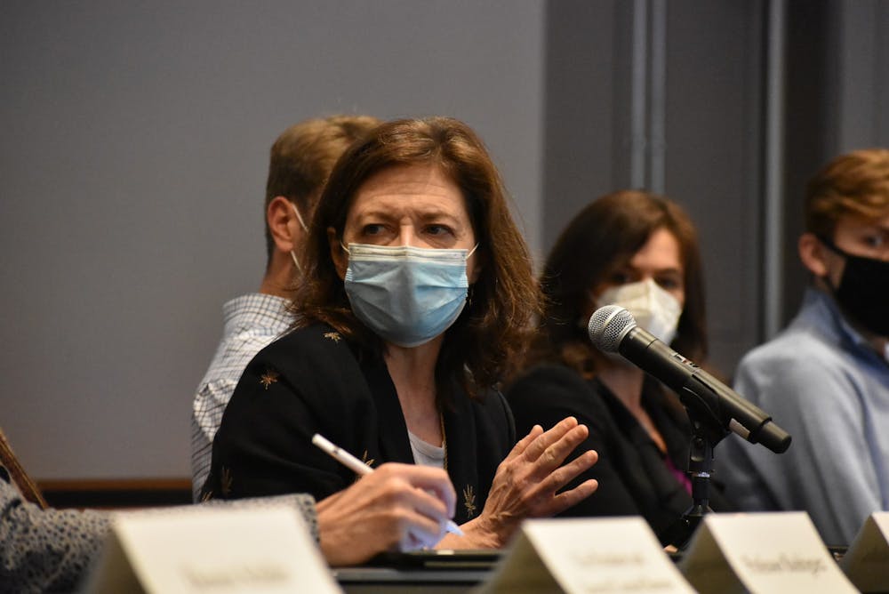 <h5>Deborah Prentice speaking at a CPUC meeting in November 2021.</h5>
<h6>Angel Kuo / The Daily Princetonian</h6>