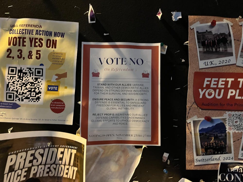 Some paper posters stapled on a black background. The middle poster read "vote no on Referendum; stand with our allies, Ensure peace and security, Reject Prop 5" 