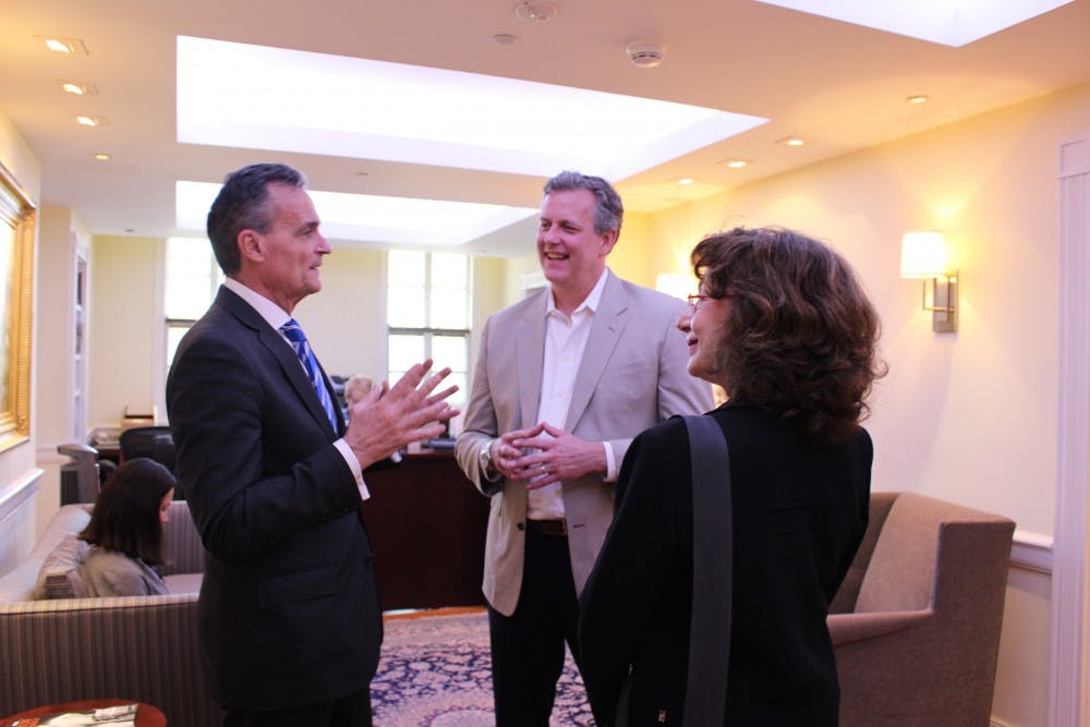 While waiting to meet with President Eisgruber, Ambassador Gerard Araud chats with Professor Eric Gregory, chair of the Humanities Council, and Professor Elaine Sciolino, former Paris bureau chief of the New York Times.&nbsp;