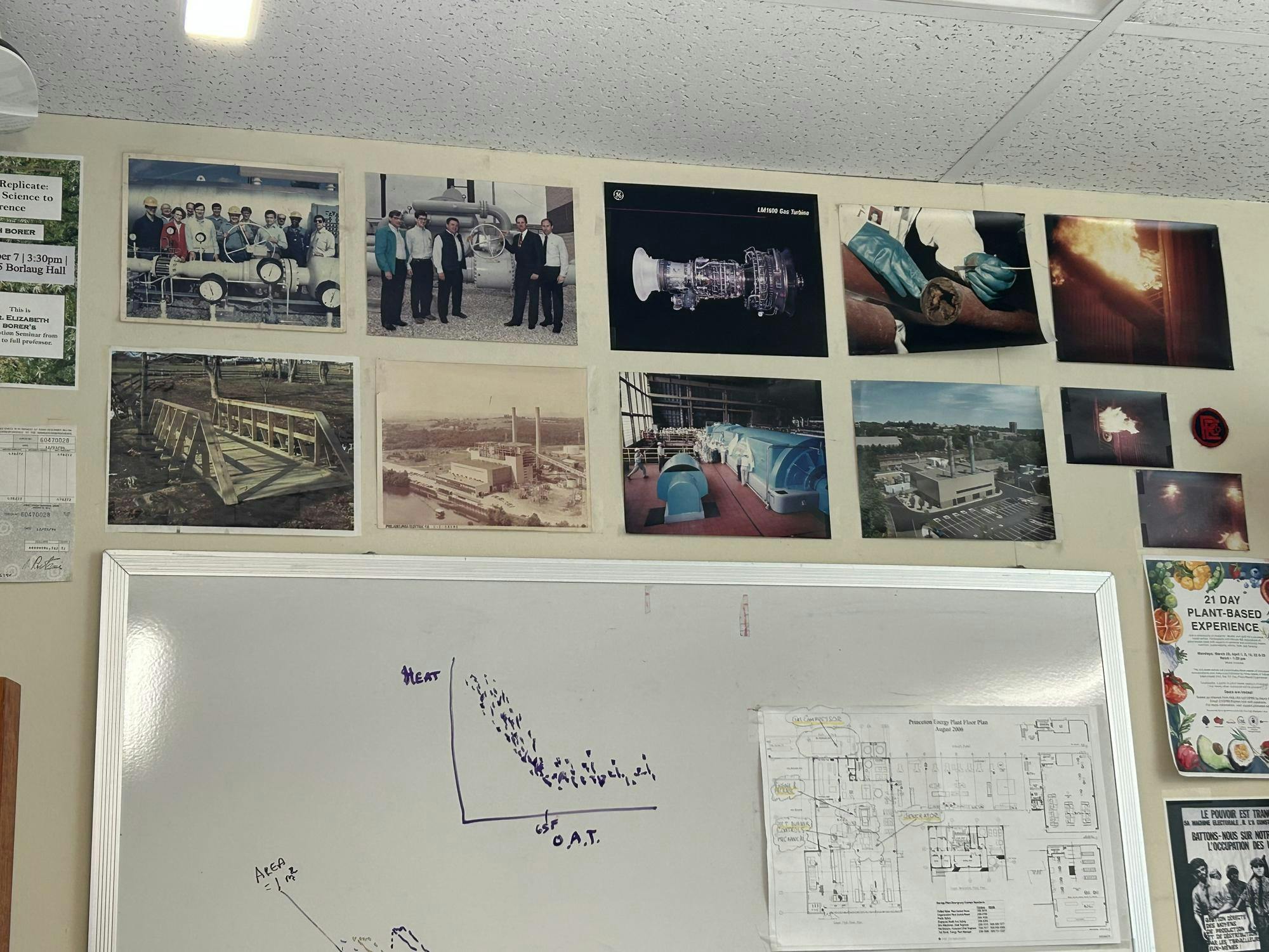 Photographs of energy plants and machinery on a wall above a whiteboard.