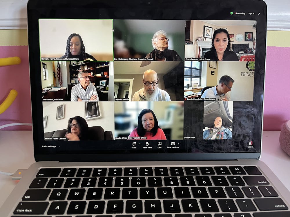 There are nine squares on a computer screen. Each square includes one member of the town council. The square for the Princeton Municipal Clerk, Rayna Harris, has a green box surrounding it.