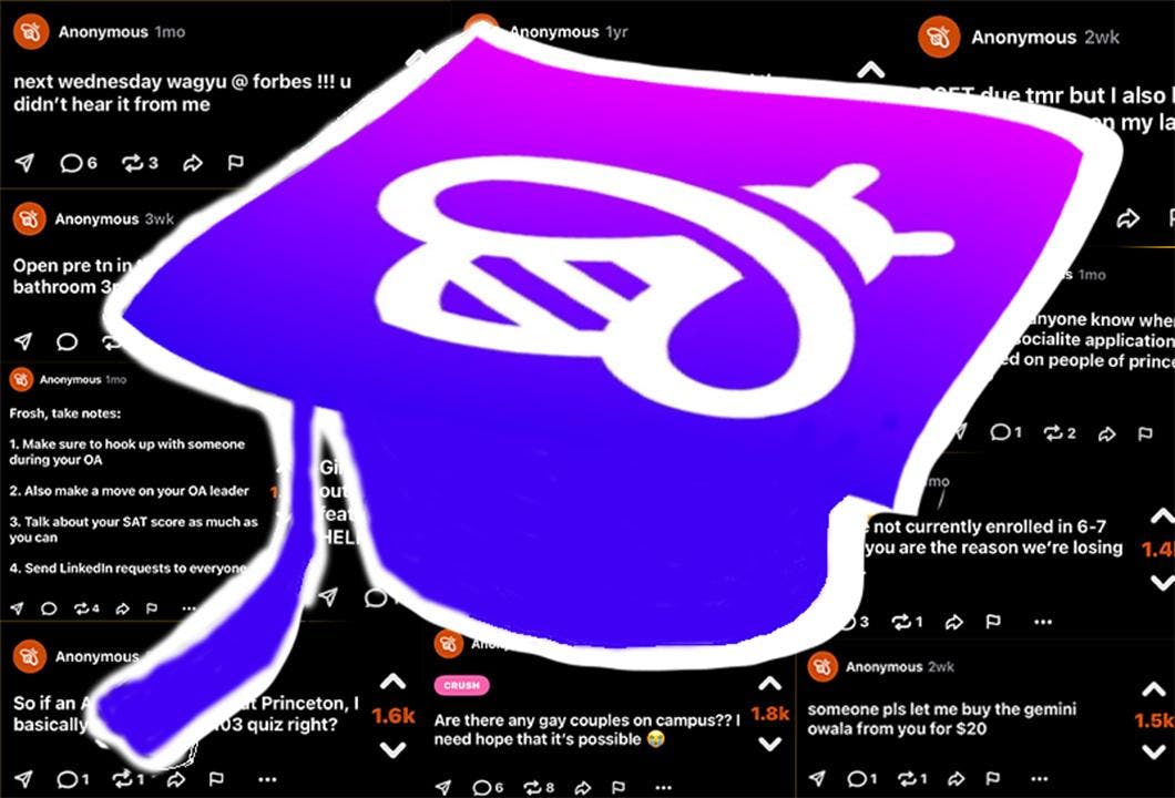 A cartoon with the Fizz symbol on a purple graduation cap highlight, over a patchwork of Fizz posts.