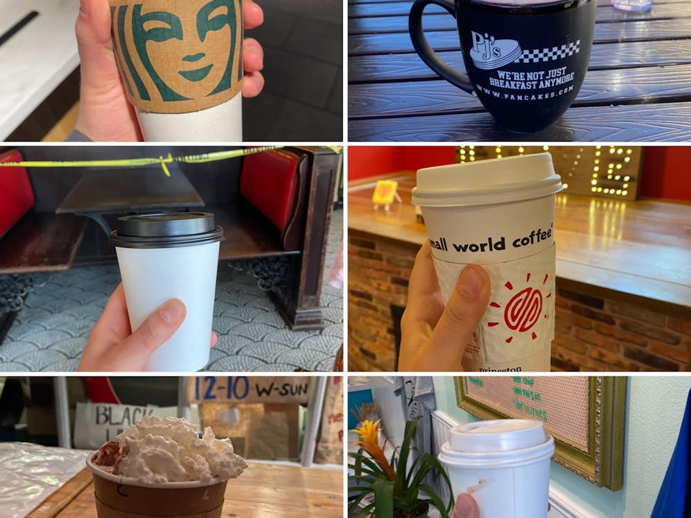 Hot cocoa from six establishments in Princeton
TOP left to right: Starbucks, PJ's Pancake House
MIDDLE left to right: Halo Pub, Small World Coffee
BOTTOM left to right: The Bent Spoon, Milk &amp; Cookies
Sydney Eck / The Daily Princetonian