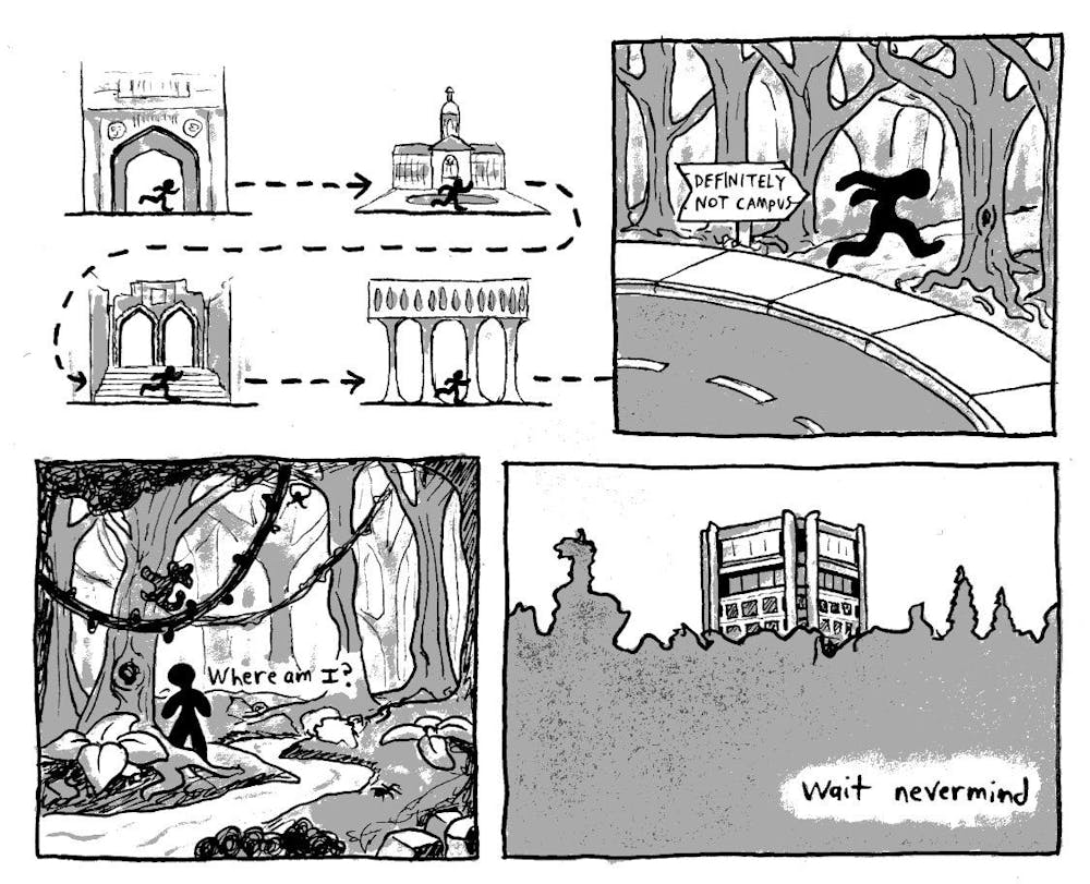 Panel one: running from place to place across campus; panel two: ignorantly running off campus; panel three: realizing you’re lost; panel four: seeing fine hall peaking out above the trees and suddenly knowing what direction to go in.