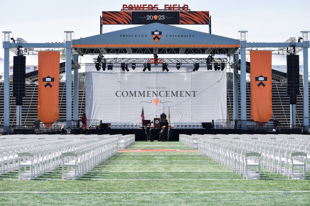 The commencement set up on the football field.