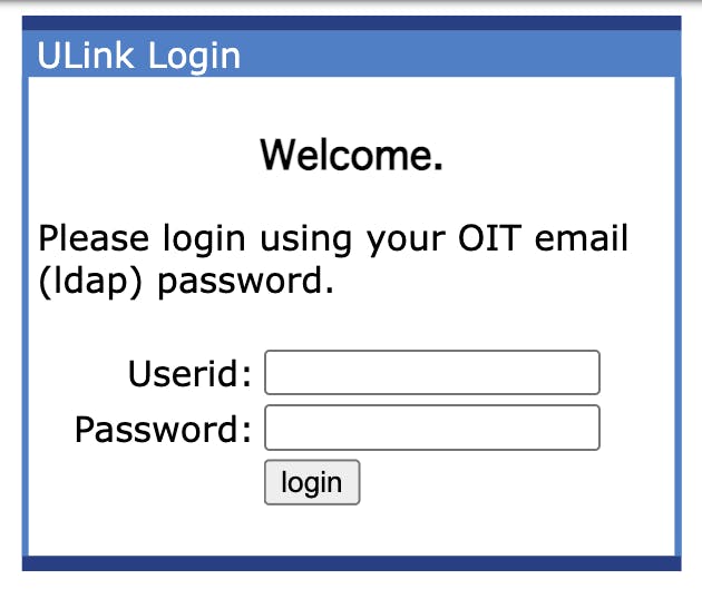 An image of the ULink login page, with a space to enter a Userid and password