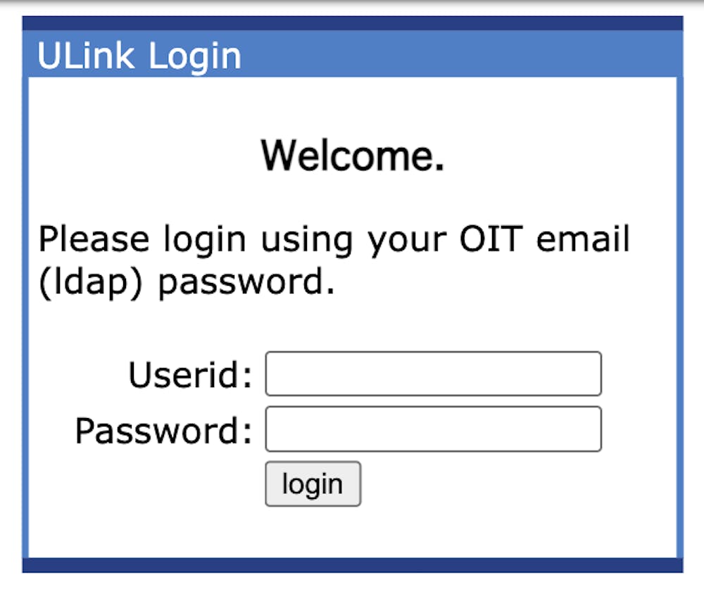 An image of the ULink login page, with a space to enter a Userid and password