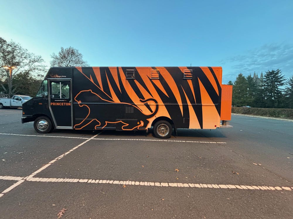 A large orange and black truck with a tiger silhouette sits in a parking spot. A blue sky is in the background.