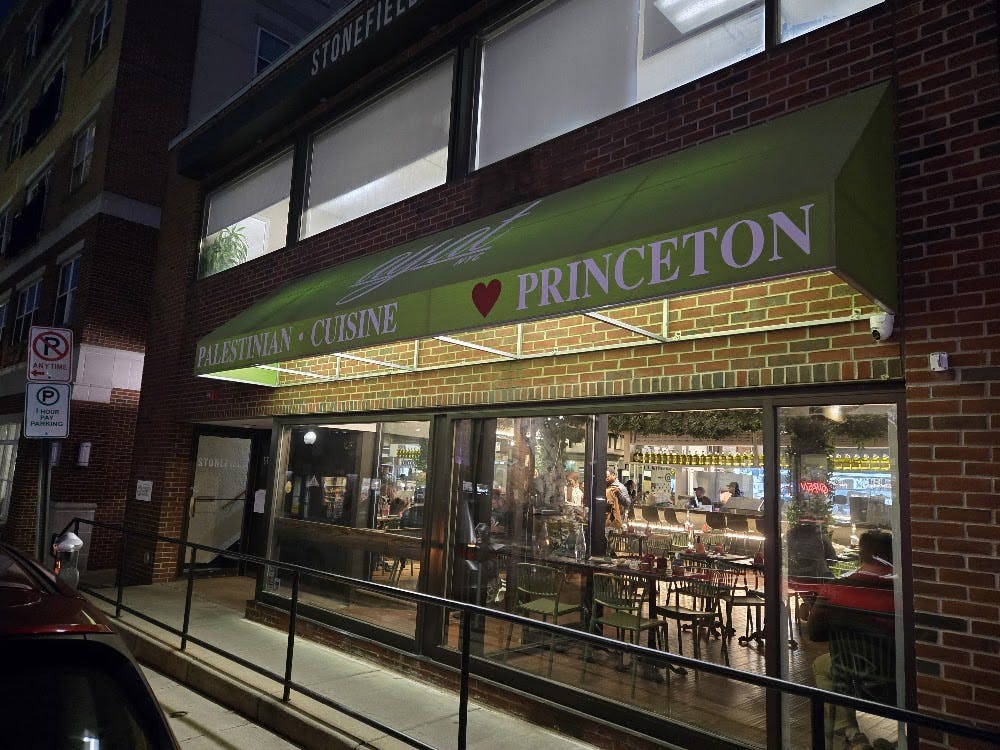 Front windows and green awning reading “Palestinian Cuisine” of a new restaurant in town. 