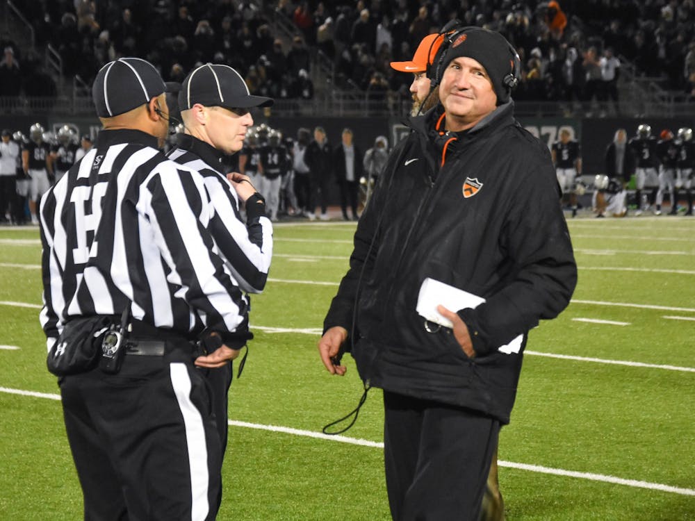 Princeton Head Coach Bob Surace ‘90 looks at the bench after the officials eject the Tigers’ senior defensive back Trevor Forbes in the third quarter.
Mark Dodici / The Daily Princetonian&nbsp;