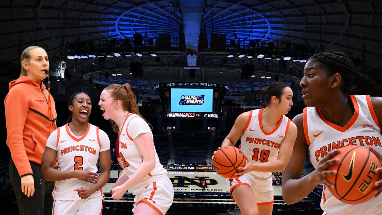 Princeton basketball players yell emphatically in front of a March Madness backdrop.