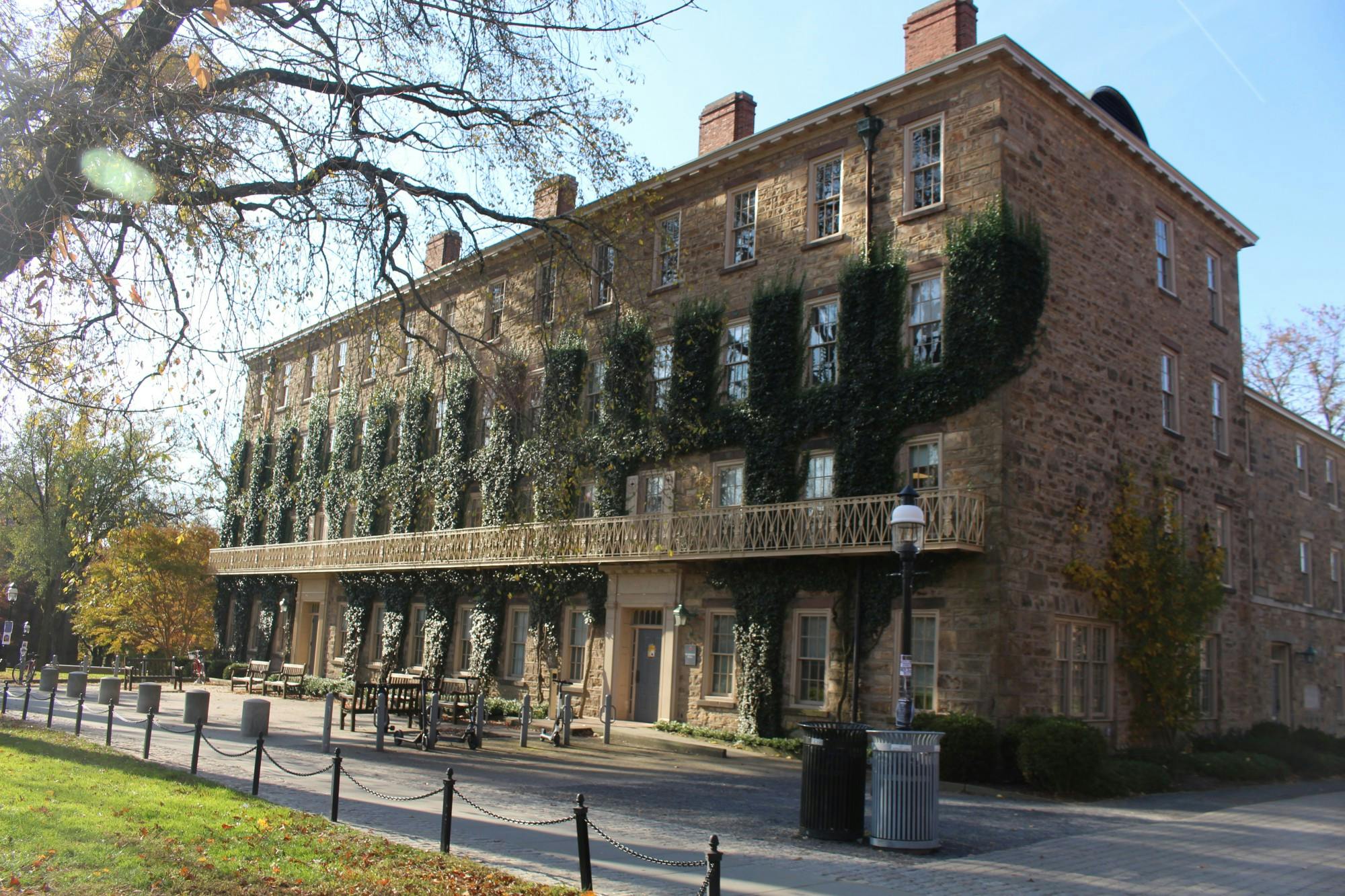 Ivy-covered building dappled with sunlight. 