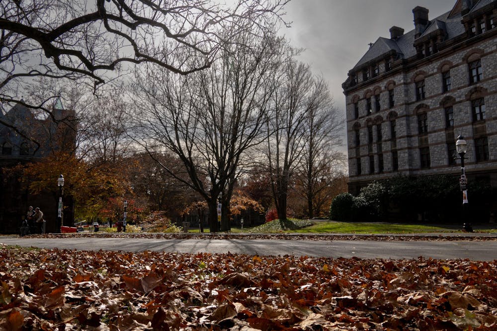 A tree that has lost all of its leaves stand in front of a large stone building. A gray sky stands in the background.