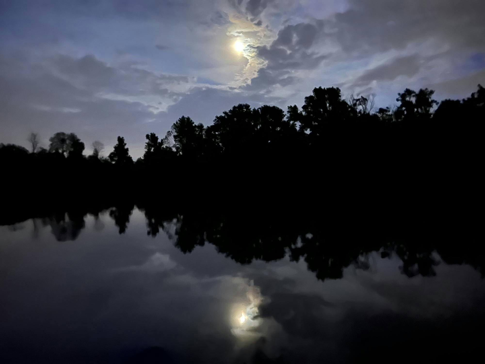 A moon shines over a dark blueish sky with black outlines of trees. A river in the bottom reflects the moonlight. 
