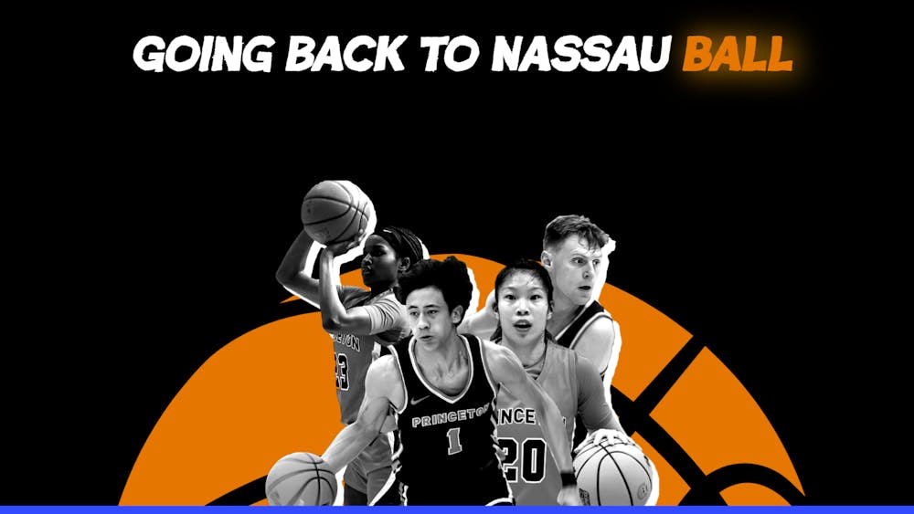 Graphic with black background. Four basketball players in black and white pose in front of orange basketball illustration. Above, a title is in white font: "Going Back to Nassau Ball." The word "ball" glows orange.