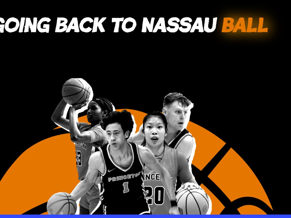 Graphic with black background. Four basketball players in black and white pose in front of orange basketball illustration. Above, a title is in white font: "Going Back to Nassau Ball." The word "ball" glows orange.