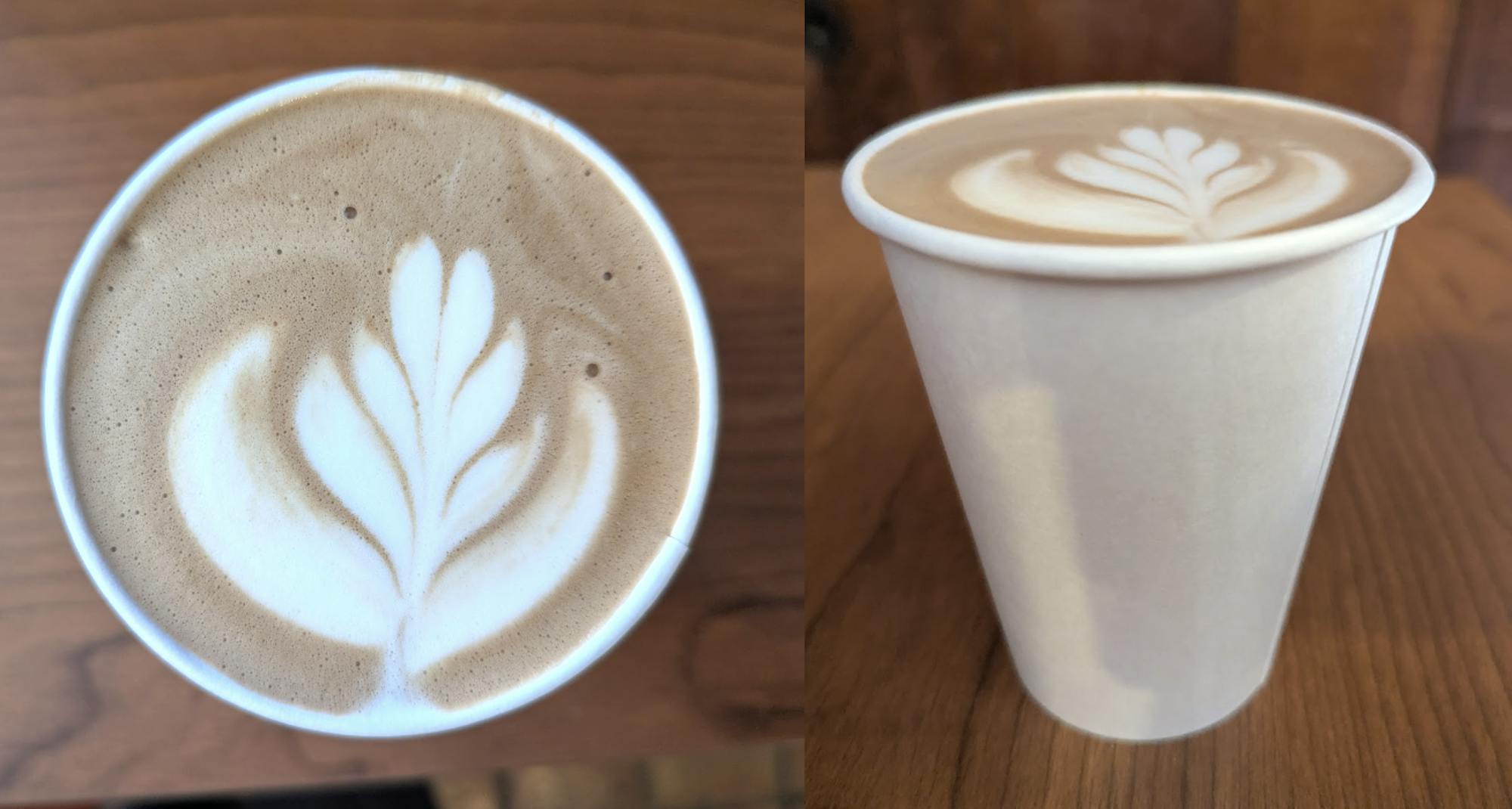 Brown and white swirled foam is at the top of a white cup against a brown wood background.