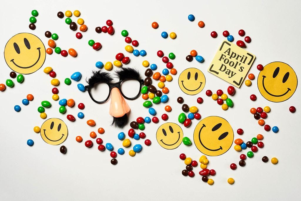 Assorted April Fools' Day items and smiles.