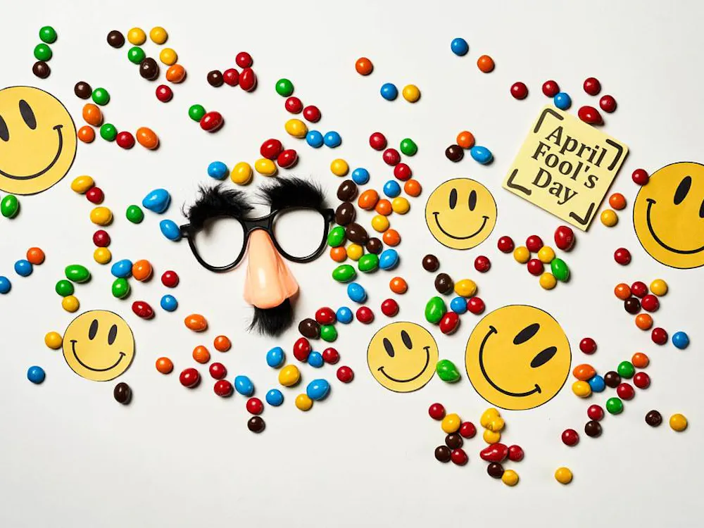 Assorted April Fools' Day items and smiles.