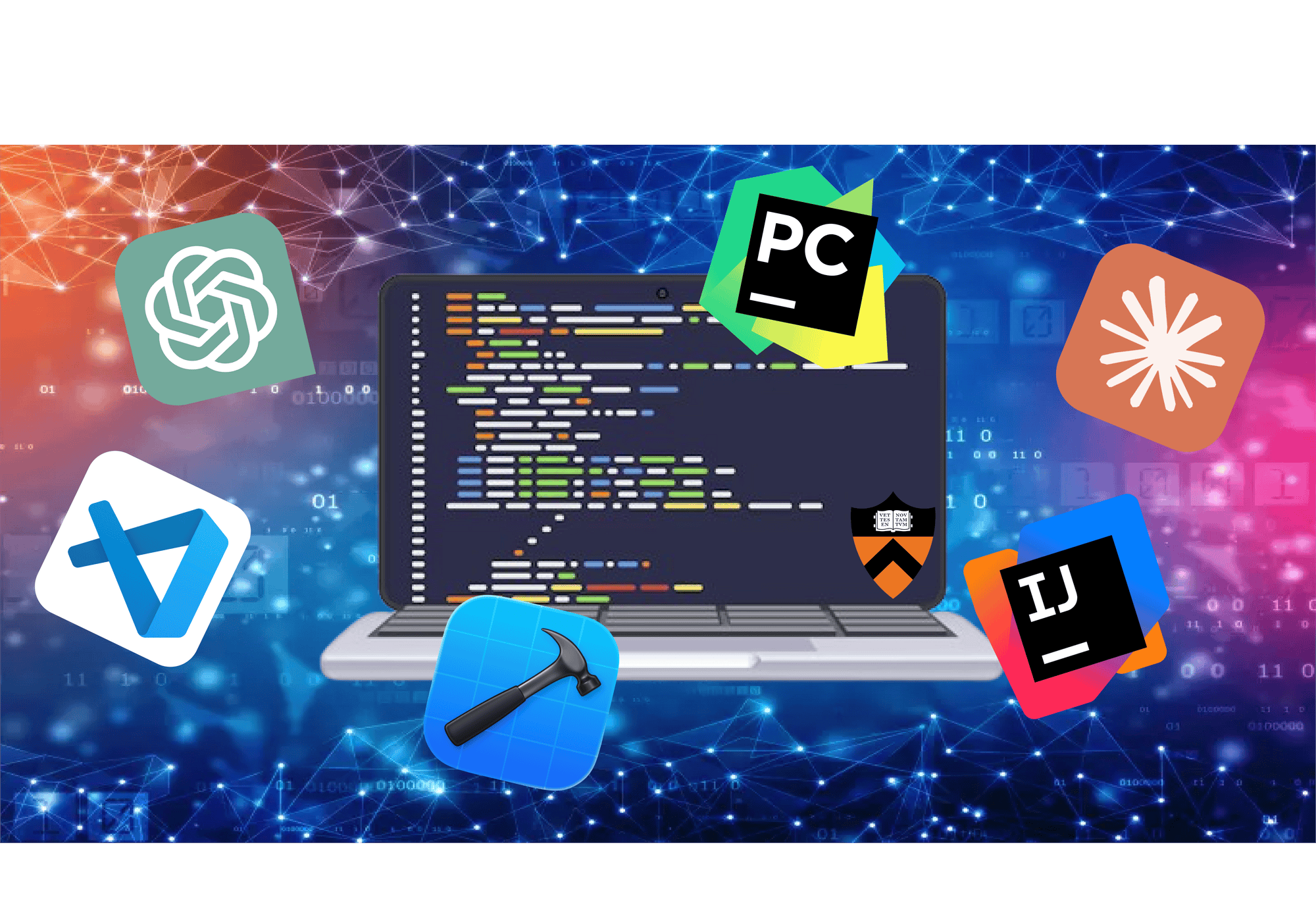 A computer with AI coding program logos. 